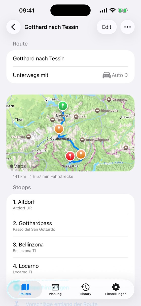 Detailansicht einer Route mit Karte und den Stopps Altdorf, Gotthardpass, Bellinzona und Locarno