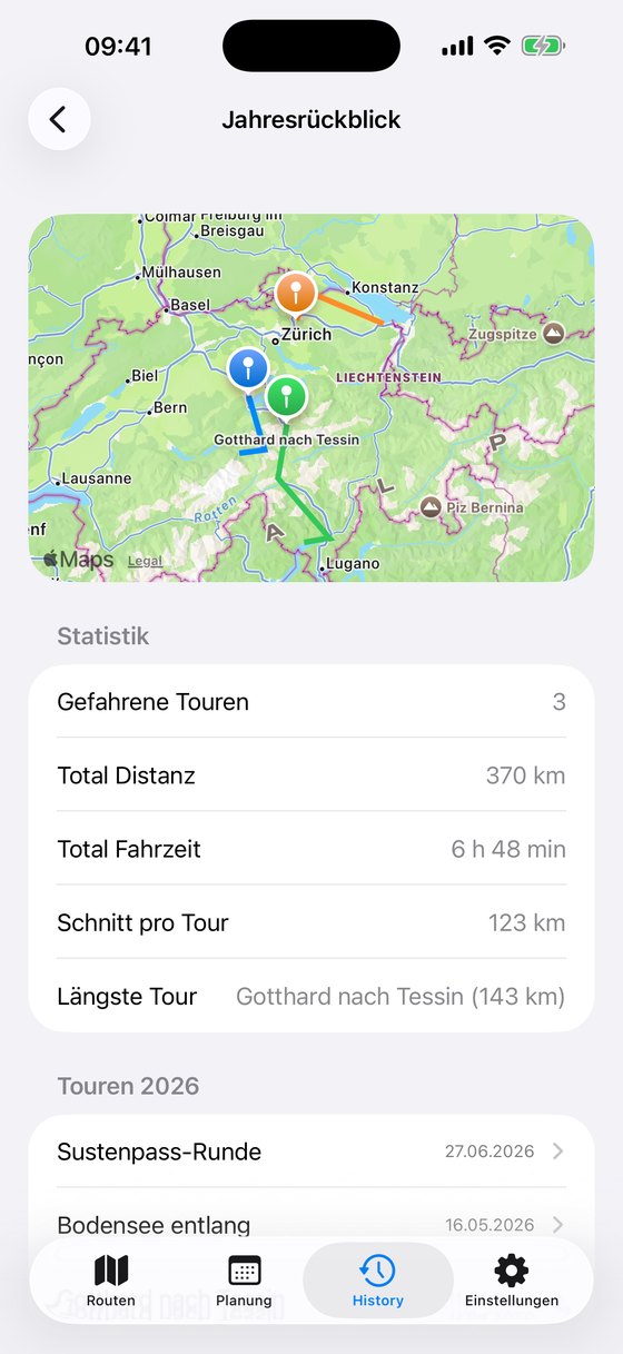 Jahresrückblick mit allen Touren eines Jahres auf einer Karte und der Statistik darunter