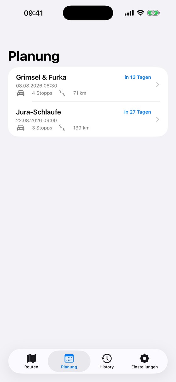 Planungsansicht mit terminierten Fahrten Grimsel und Furka sowie Jura-Schlaufe