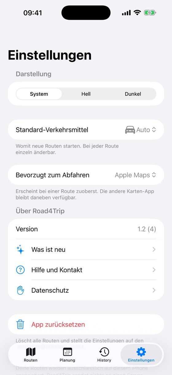 Einstellungen mit Zuhause-Ort, bevorzugter Karten-App und Anzeigeoptionen