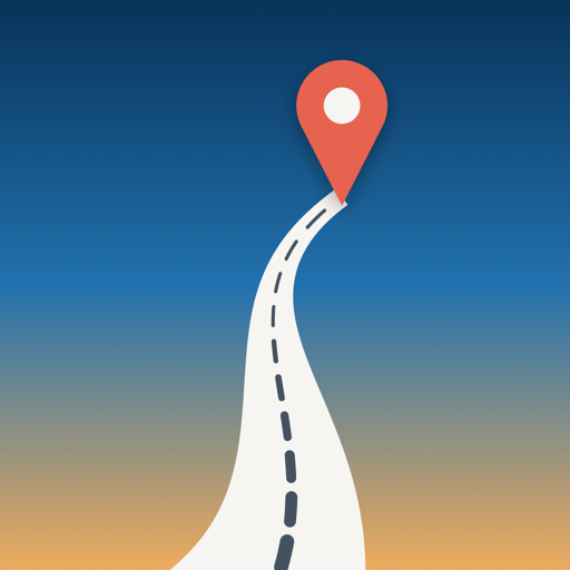 App-Icon von Road4Trip: eine kurvige Strasse mit Kartennadel vor Abendhimmel