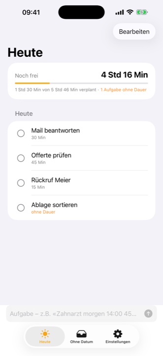 Die Ansicht «Heute» mit der verbleibenden Zeit und vier Aufgaben