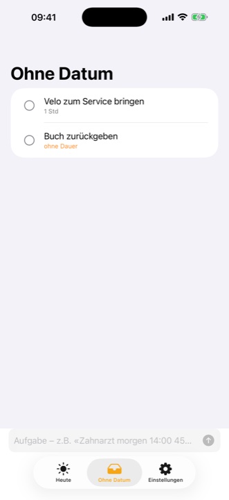 Die Ansicht «Ohne Datum» mit zwei Aufgaben ohne Termin